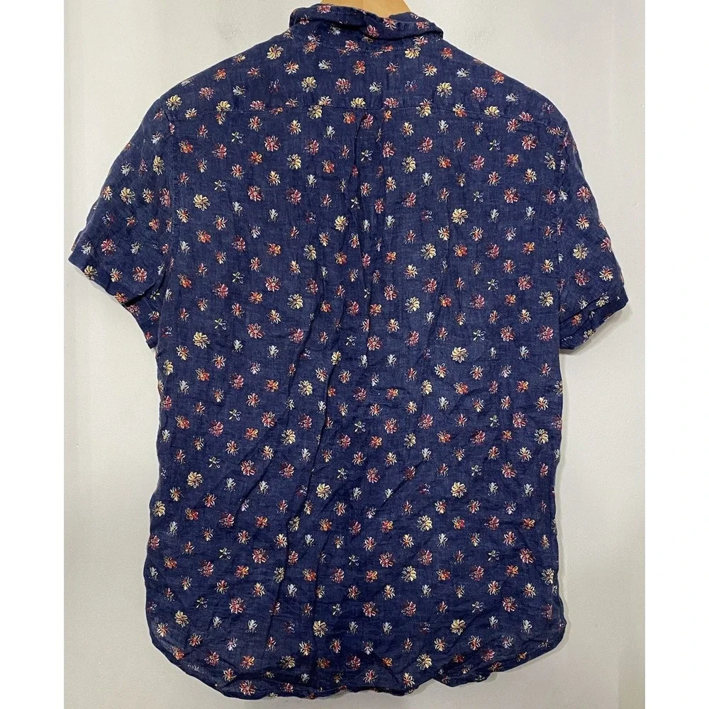 J. Crew Shirt Albini Linen‎ Indigo Floral Short Sleeve Button‑Up Medium AOP